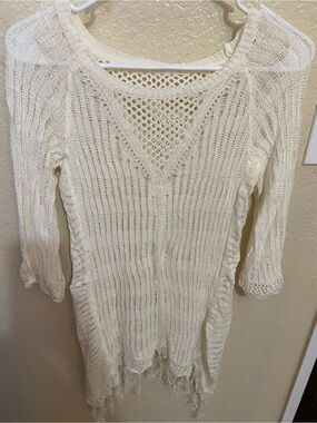 Crochet Knit Cream Swim Coverup Tunic with Fringe